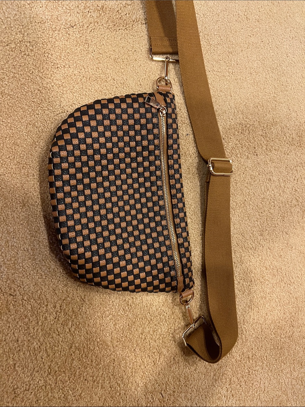 Checkerboard Crossbody Belt Bag in Black and Brown